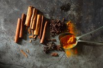 Top view of star anise, cinnamon, cloves and turmeric spices — Stock Photo