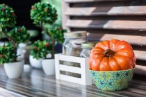 Close-up of pumpkin, glass spice jars and plants — Stock Photo