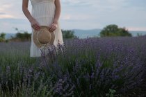 Abgeschnittenes Bild einer Frau, die im Lavendelfeld steht und einen Strohhut trägt — Stockfoto