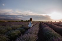 Жінка в романтичній сукні, що проходить через лавандове поле — стокове фото