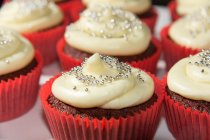 Nahaufnahme von Schokolade-Cupcakes mit Zuckerguss, Essen stilvoll — Stockfoto