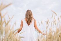 Вид ззаду Жінка стоїть на пшеничному полі — стокове фото