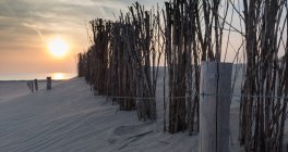 Clôture en bois sur la plage au coucher du soleil, espace de copie — Photo de stock