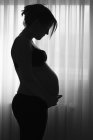 Silhouette einer schwangeren Frau, die zu Hause steht und den Bauch hält — Stockfoto