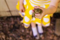 Petite fille en robe jaune tenant grenouille à la main — Photo de stock
