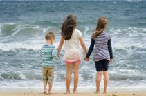 Rückansicht von Jungen und Mädchen, die am schönen Strand stehen — Stockfoto