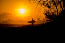 Vista lateral de la silueta del surfista al amanecer - foto de stock