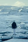 Donna in piedi su un lastrone di ghiaccio sul lago ghiacciato, Islanda — Foto stock