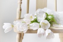 Close-up of white Tulips on wooden chair — Stock Photo