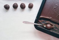 Tray with chocolate and spoon with candy ball — Stock Photo