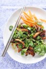 Chinese sesame chicken with fresh herbs, top view — Stock Photo