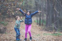 Fratello e sorella in abbigliamento casual divertirsi nella foresta nella stagione autunnale — Foto stock