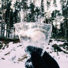 Abgeschnittenes Bild einer Hand, die ein Stück Eis gegen den Winterwald hält — Stockfoto