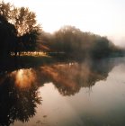 Vista panorâmica da árvore alinhada margem do rio ao pôr do sol — Fotografia de Stock