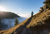 Woman Trail Running in the Mountains above the Clouds, Salzburg, Áustria — Fotografia de Stock