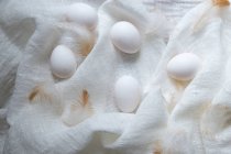 Huevos y plumas sobre tela de muselina blanca - foto de stock