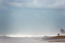 Surfista in piedi sulla spiaggia con tavola da surf, Oahu, Hawaii, America, USA — Foto stock