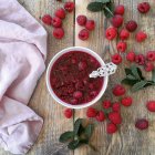 Bowl of homemade raspberry jam, top view — Stock Photo