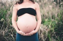 Imagen recortada de Mujer de pie al aire libre acunando el vientre embarazada - foto de stock