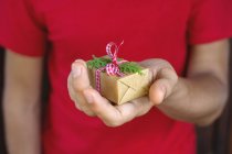 Крупним планом чоловік тримає обгорнутий різдвяний подарунок в руці — стокове фото
