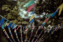Разноцветные молитвенные флаги, дующие на ветру, крупным планом — стоковое фото