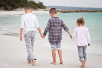 Вид сзади счастливых детей, идущих по пляжу и держащихся за руки — стоковое фото