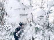 Человек ходит между заснеженными деревьями — стоковое фото