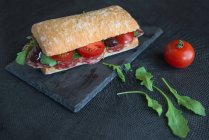 Sandwich with salami, tomatoes, olives and arugula on slate — Stock Photo