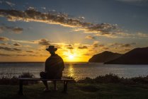 Silueta del hombre mirando el atardecer, Isla Lord Howe, Nueva Gales del Sur, Australia - foto de stock