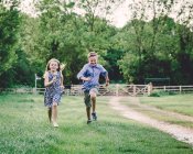 Brother and sister running together outdoors, front view — Stock Photo
