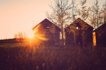 Three wooden huts in rural landscape scene, british columbia, Canada — Stock Photo
