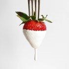 Fraise trempée dans la crème sur une fourchette, fond blanc — Photo de stock