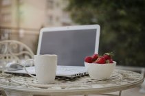 Computer portatile, fragole e tazza di tè sul tavolo da giardino — Foto stock