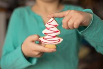 Imagen recortada de un niño sosteniendo una galleta de Navidad en forma de árbol de Navidad - foto de stock