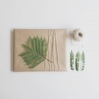 Parcelle enveloppée dans du papier brun et une ficelle décorée de feuilles de fougère — Photo de stock