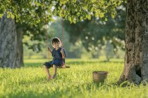 Дівчина сидить на гойдалці на лузі між деревами — стокове фото