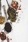 Diferentes tipos de hojas de té en cucharas - foto de stock