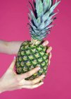 Cropped image of Woman holding pineapple against pink background — Stock Photo