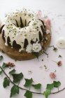 Chocolate bundt cake decorated with pretty flowers — Stock Photo