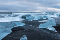 Блоки айсбергів на чорний пісок пляжу, Jokulsarlon, Vatnajokull Національний парк, Ісландія — стокове фото