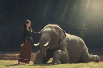 Retrato de mulher acariciando elefante, Tailândia — Fotografia de Stock