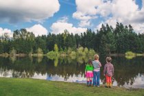 Rear view of children standing by lake and looking at reflection in water — Stock Photo
