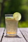 Verre d'eau pétillante avec des tranches de citron vert frais, fond flou — Photo de stock