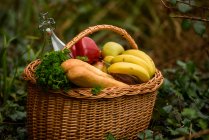Cesta com baguete, garrafa, bananas, maçãs, pimentas e salsa no jardim — Fotografia de Stock