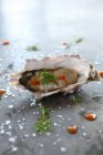 Oyster with tabasco chili sauce and salt — Stock Photo