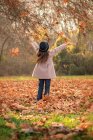 Девушка бросает осенние листья в воздух в парке — стоковое фото