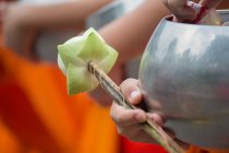 Обрізане зображення ченця Будди, що тримає квітку лотоса — стокове фото