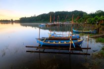Мальовничим видом рибальські човни на якорі в Pura фоні тропічних пейзажів поблизу Danu, Балі, Індонезія — стокове фото