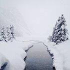 Vista panorámica del río que fluye a través del paisaje cubierto de nieve - foto de stock