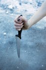 Immagine ritagliata di donna che tiene coltello da cucina contro ghiaccio — Foto stock